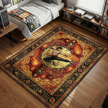 Liu Kang performing flying kick with fire dragon background in ornate tarot style gaming area rug and floor mat