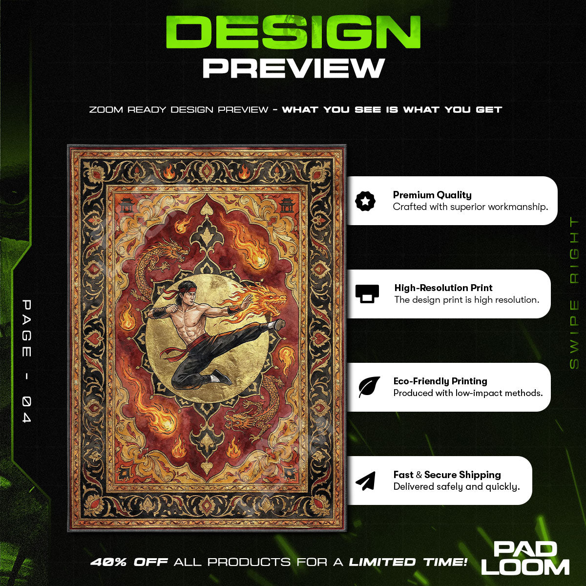 Liu Kang Drachenfeuer Teppich - Mortal Kombat Stuhlunterlage