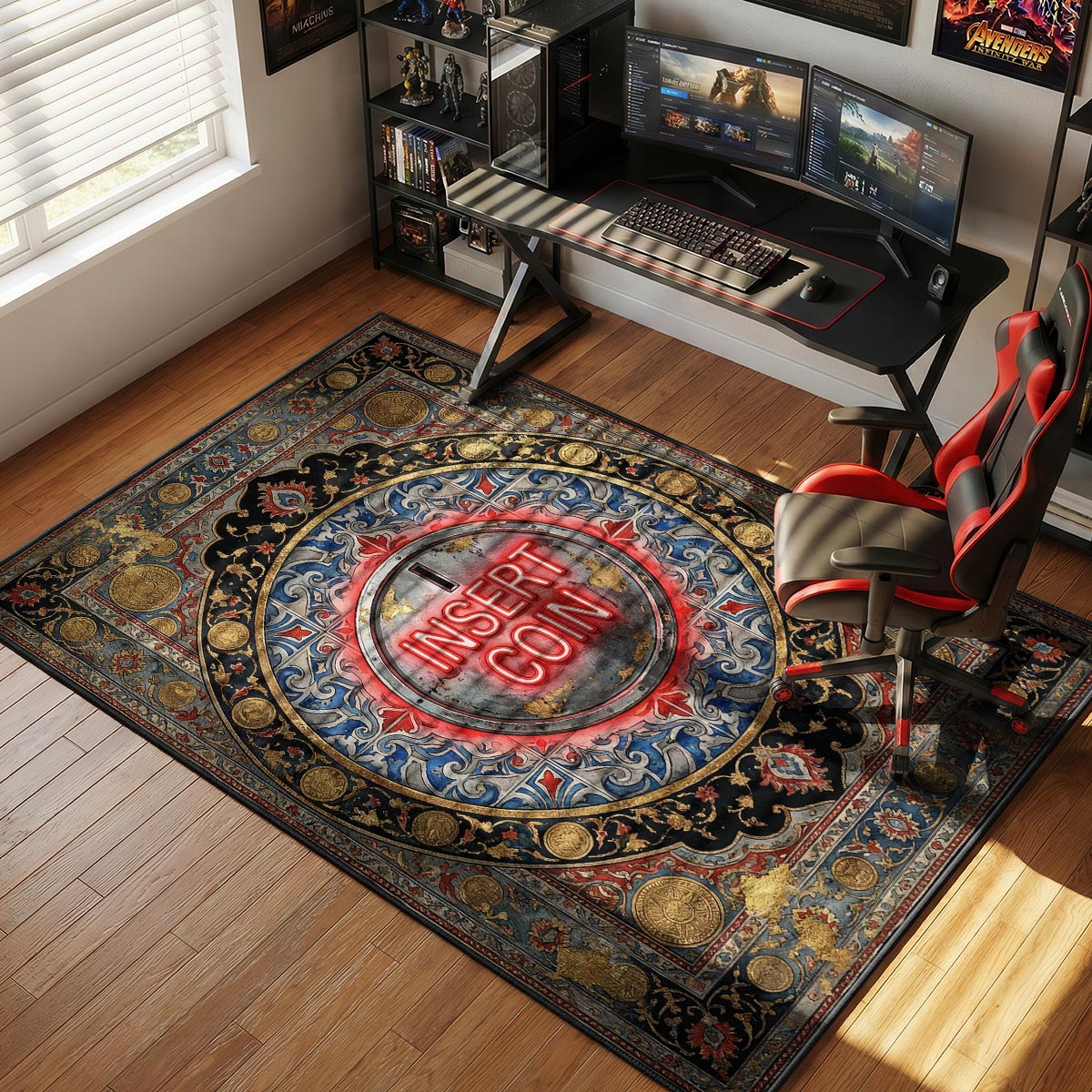Loading hourglass rug placed in a home office with brass desk lamp and leather chair