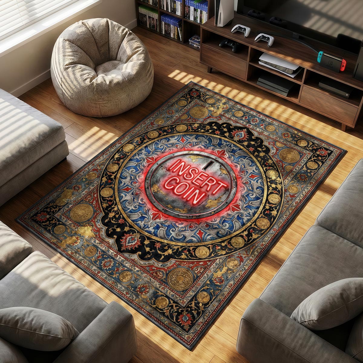 Close-up of Loading rug showing gear teeth and hourglass glass detail on velvet surface