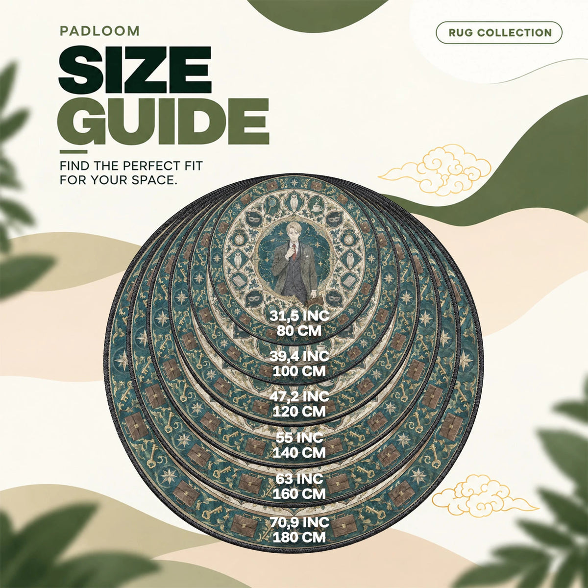 Loid Briefcase round rug size guide, 80 to 180 cm (31.5 to 70.9 in)