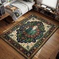 Loid Forger in a green suit holding a pistol surrounded by elegant teal and cream floral patterns in a Persian style area rug and floor mat