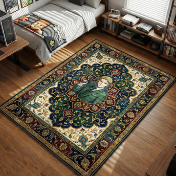 Loid Forger in a green suit holding a pistol surrounded by elegant teal and cream floral patterns in a Persian style area rug and floor mat