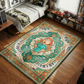 Lois Griffin with hands on hips surrounded by piano keyboards wine glasses and pearls ornate teal and orange traditional Persian art style movie themed area rug and home theater mat