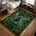 Loki holding scepter surrounded by green magic and horned helmets comic style gaming area rug and floor mat