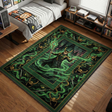 Loki holding scepter surrounded by green magic and horned helmets comic style gaming area rug and floor mat