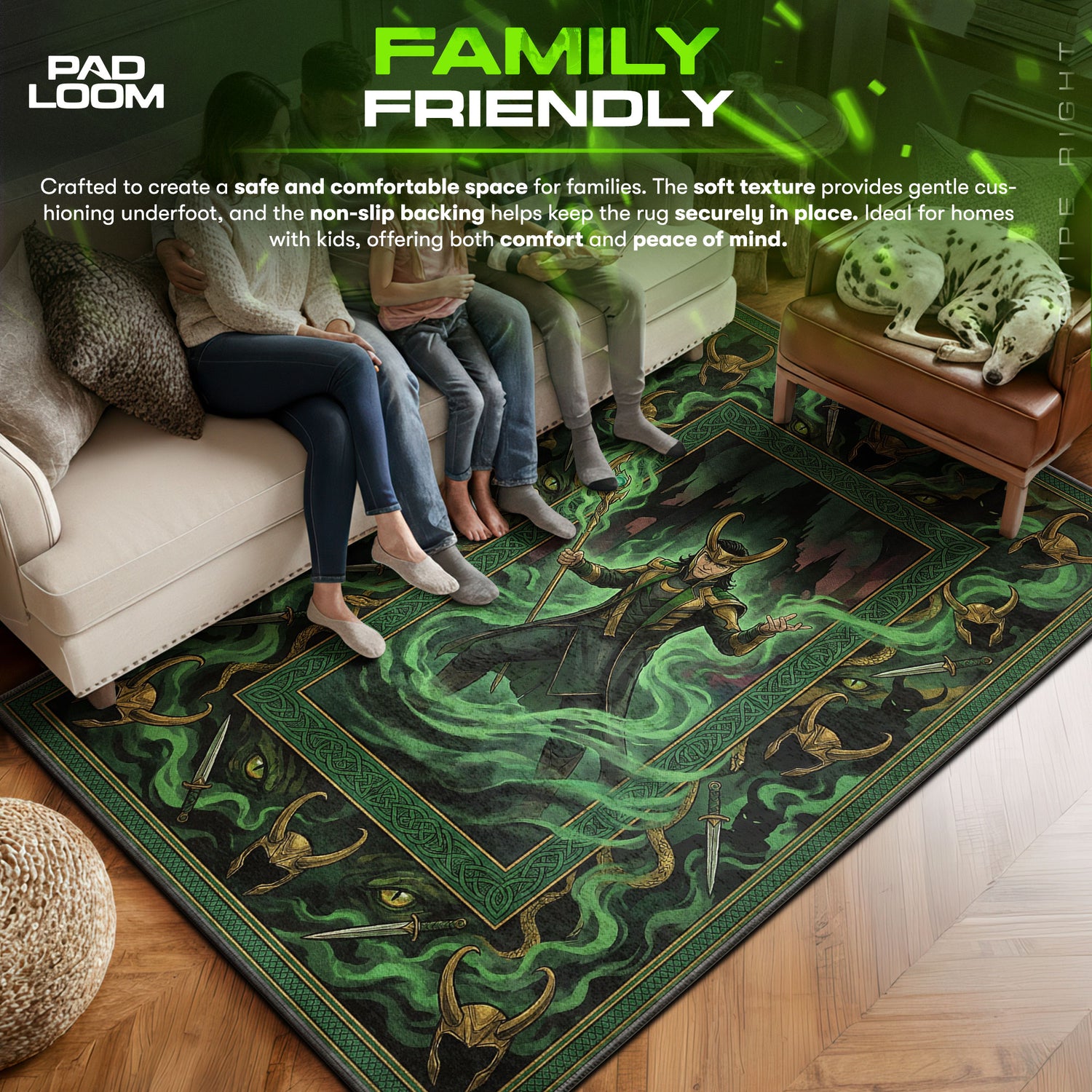 Loki area rug showing full home decor artwork