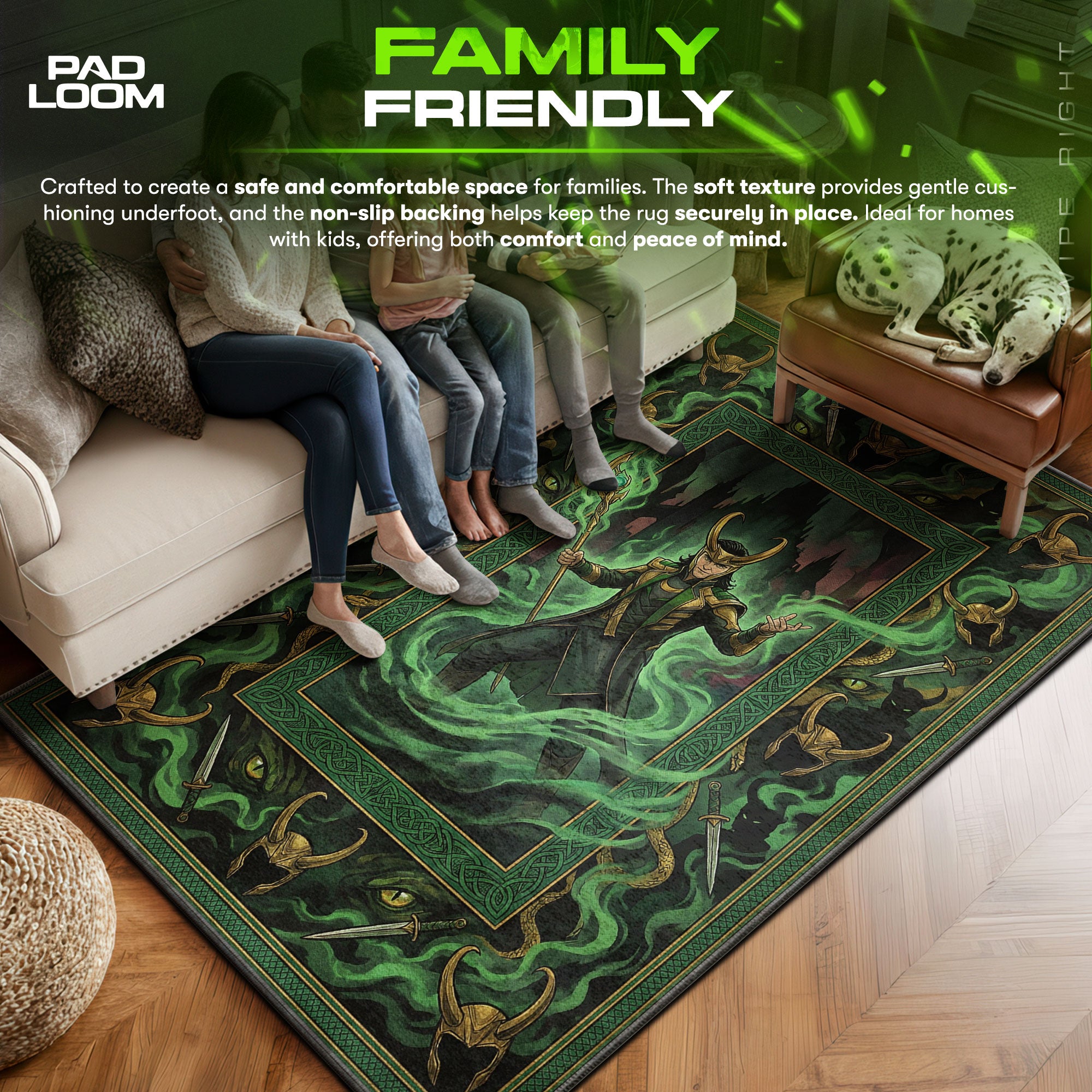 Loki area rug showing full home decor artwork