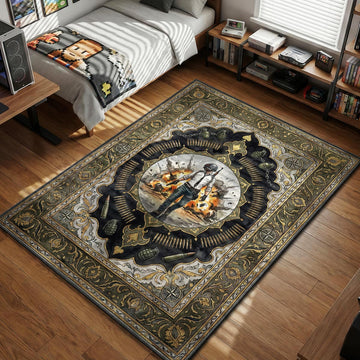 PUBG Lone Survivor walking away from explosion with grenades and ammo ornamental border gaming area rug and floor mat