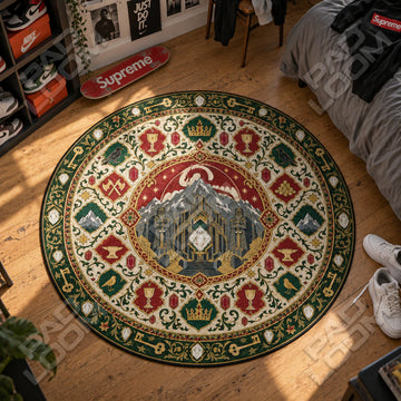 Lonely Mountain Arkenstone Lord of the Rings round rug on a bedroom floor - Lord of the Rings chair mat