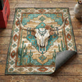 Western longhorn skull area rug with turquoise jewelry saguaro cacti and desert mesa background
