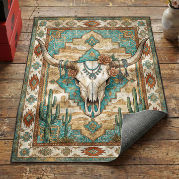 Western longhorn skull area rug with turquoise jewelry saguaro cacti and desert mesa background