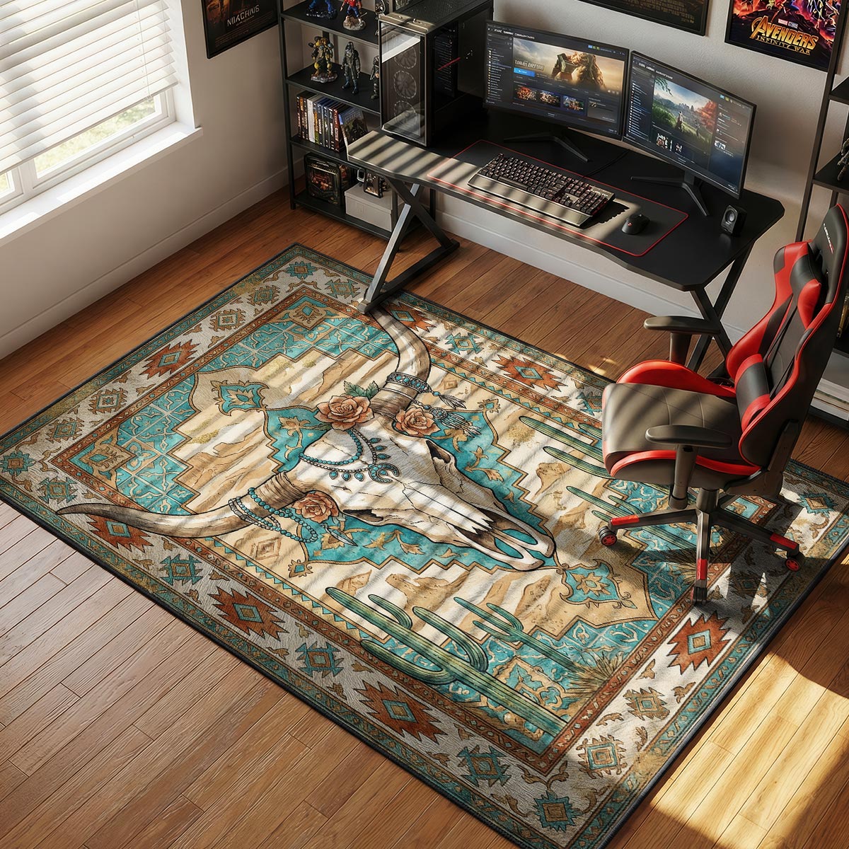 Longhorn skull turquoise rug placed in a southwestern living room with leather couch and adobe walls