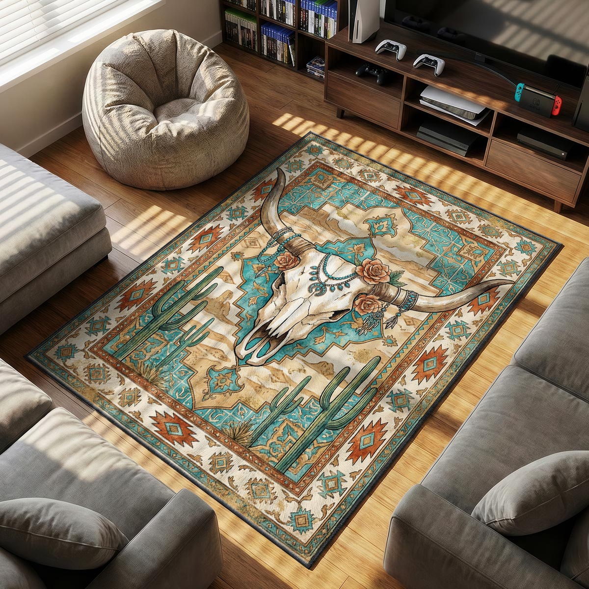 Close-up of longhorn skull rug showing turquoise bead necklace detail on velvet surface