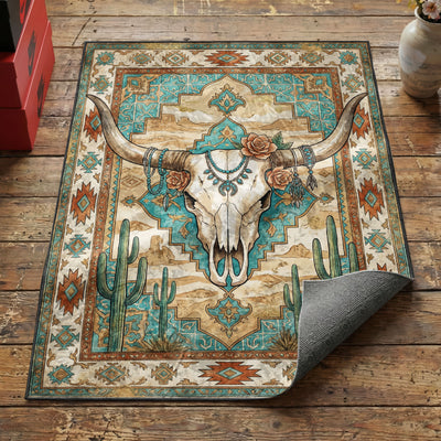 Longhorn Skull Turquoise Rug — Western Boho Area Rug