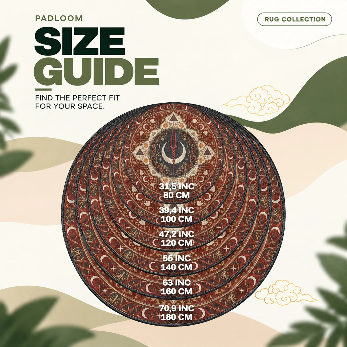 Longinus Crescent round rug size guide, 80 to 180 cm (31.5 to 70.9 in)