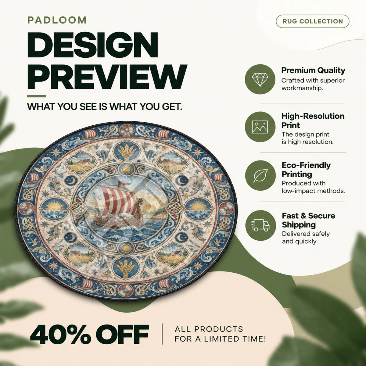 Longship Sunrise Vinland Saga round rug full design preview