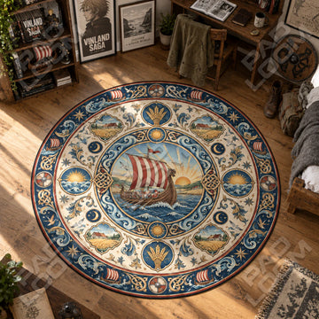 Longship Sunrise Vinland Saga round rug on a bedroom floor - Vinland Saga chair mat