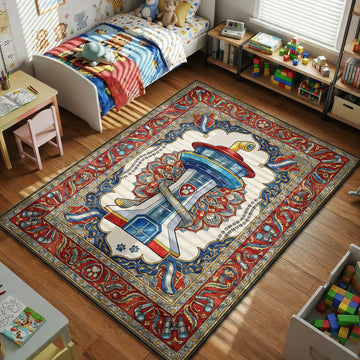 PAW Patrol Lookout Tower kids area rug with periscopes on red blue cream tapestry