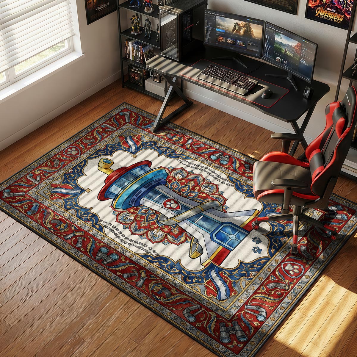 Lookout Tower rug placed in a kids' playroom with toy PAW Patrol vehicles and bright walls