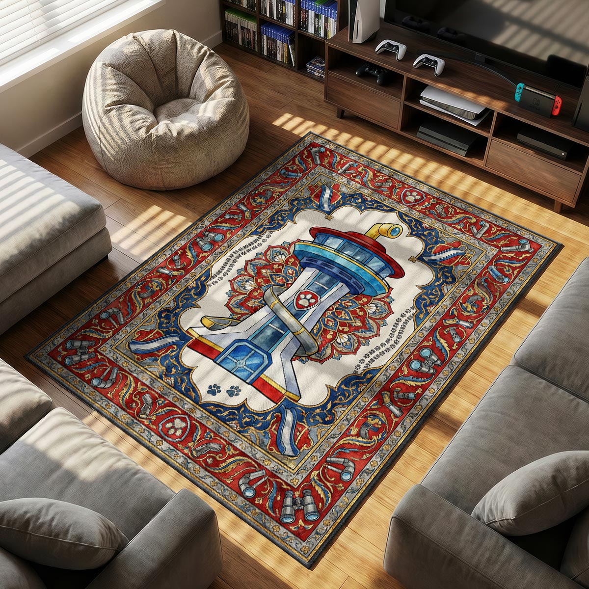 Close-up of Lookout Tower area rug showing periscope border and red blue dye-sublimation detail
