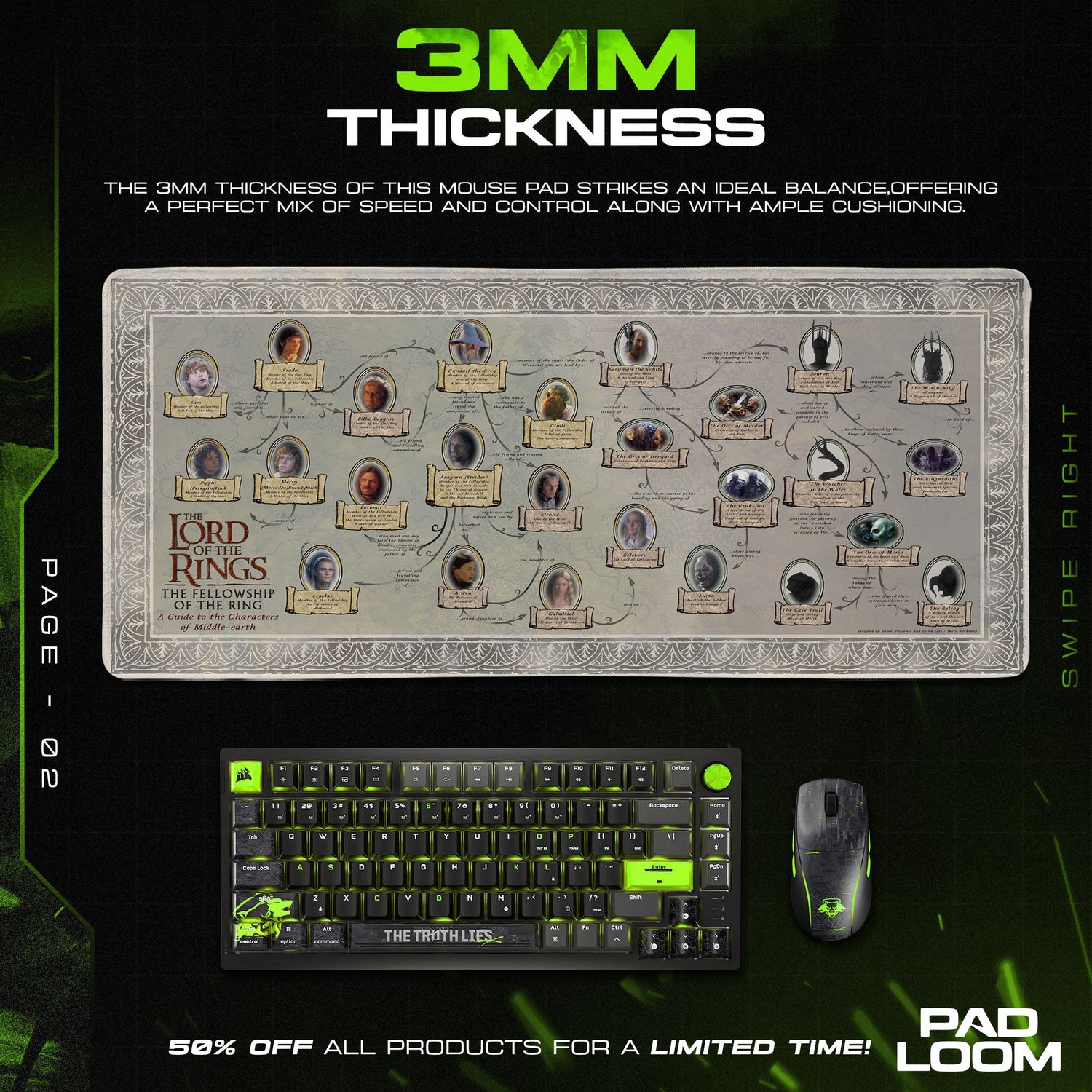 Lord of the Rings Mouse Pad, Character Guide Gaming Desk Mat Padloom