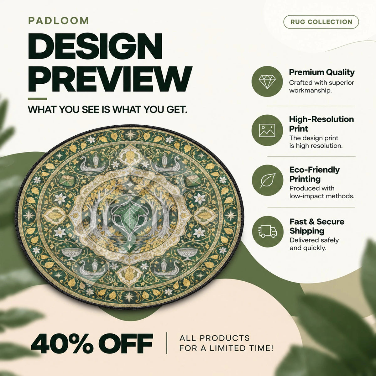 Lothlorien Mallorn Lord of the Rings round rug full design preview