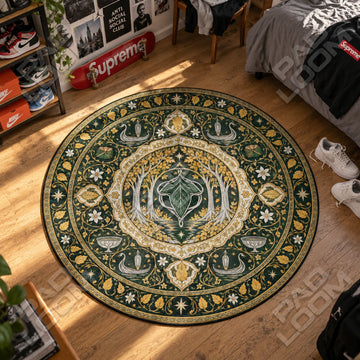 Lothlorien Mallorn Lord of the Rings round rug on a bedroom floor - Lord of the Rings chair mat