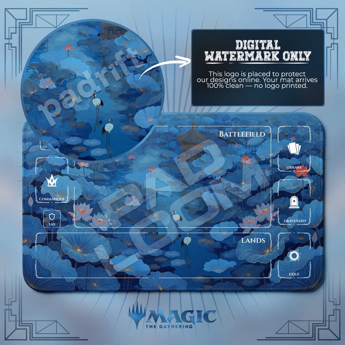 Lotus Crane MTG playmat with zones; the Padloom watermark is digital only, not printed