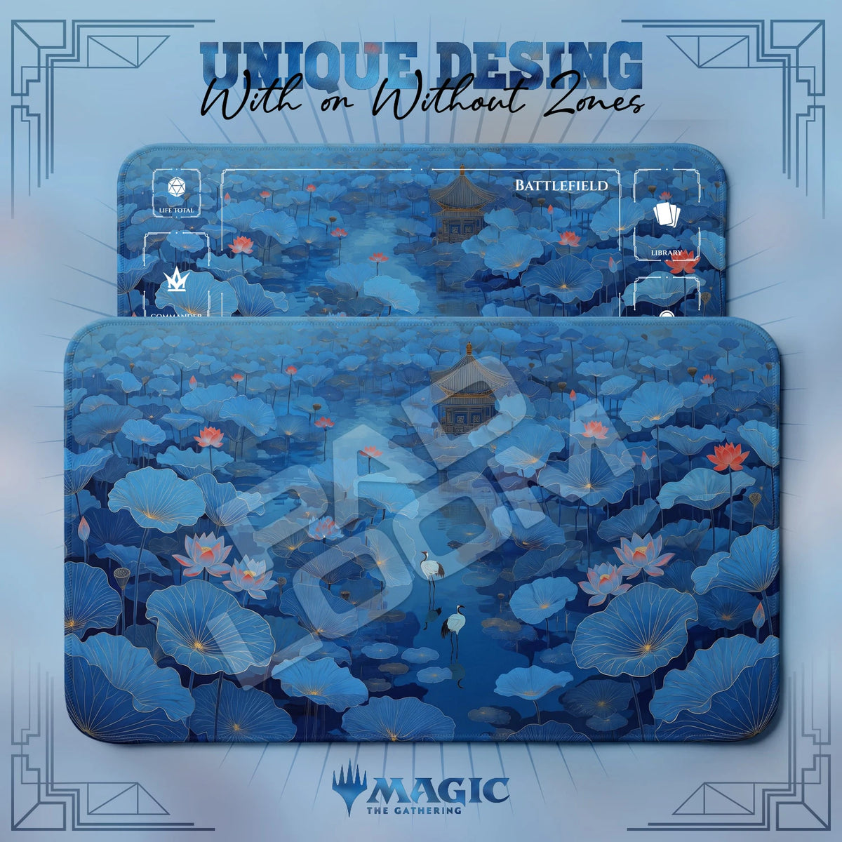 Lotus Crane MTG playmat shown with zones and without zones