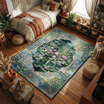Lotus pond watercolor area rug with pink water lilies and willow branches on teal gold border