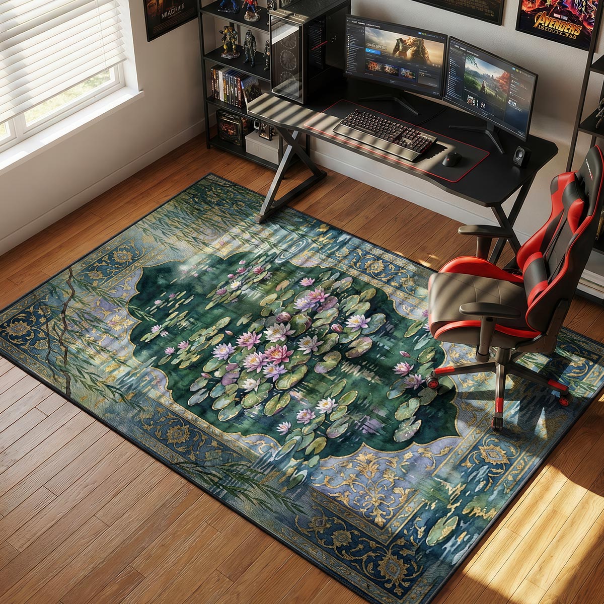 Water lily garden rug placed in a spa-style bathroom with bamboo accents and warm lighting