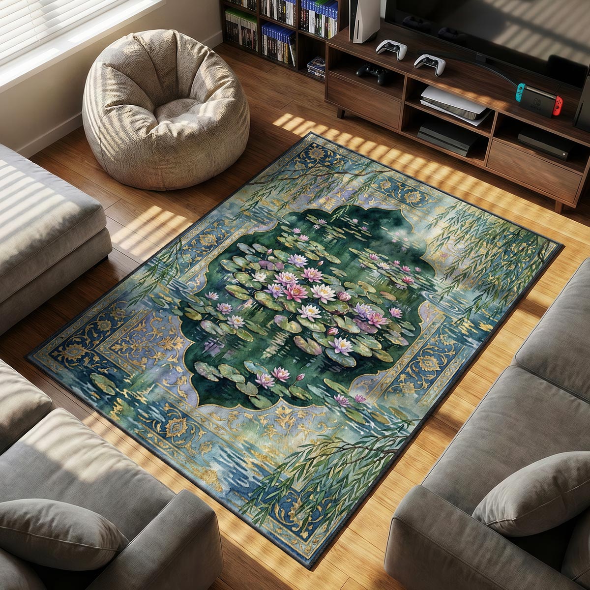 Close-up of lotus pond rug showing lily petal watercolor detail and smooth velvet texture