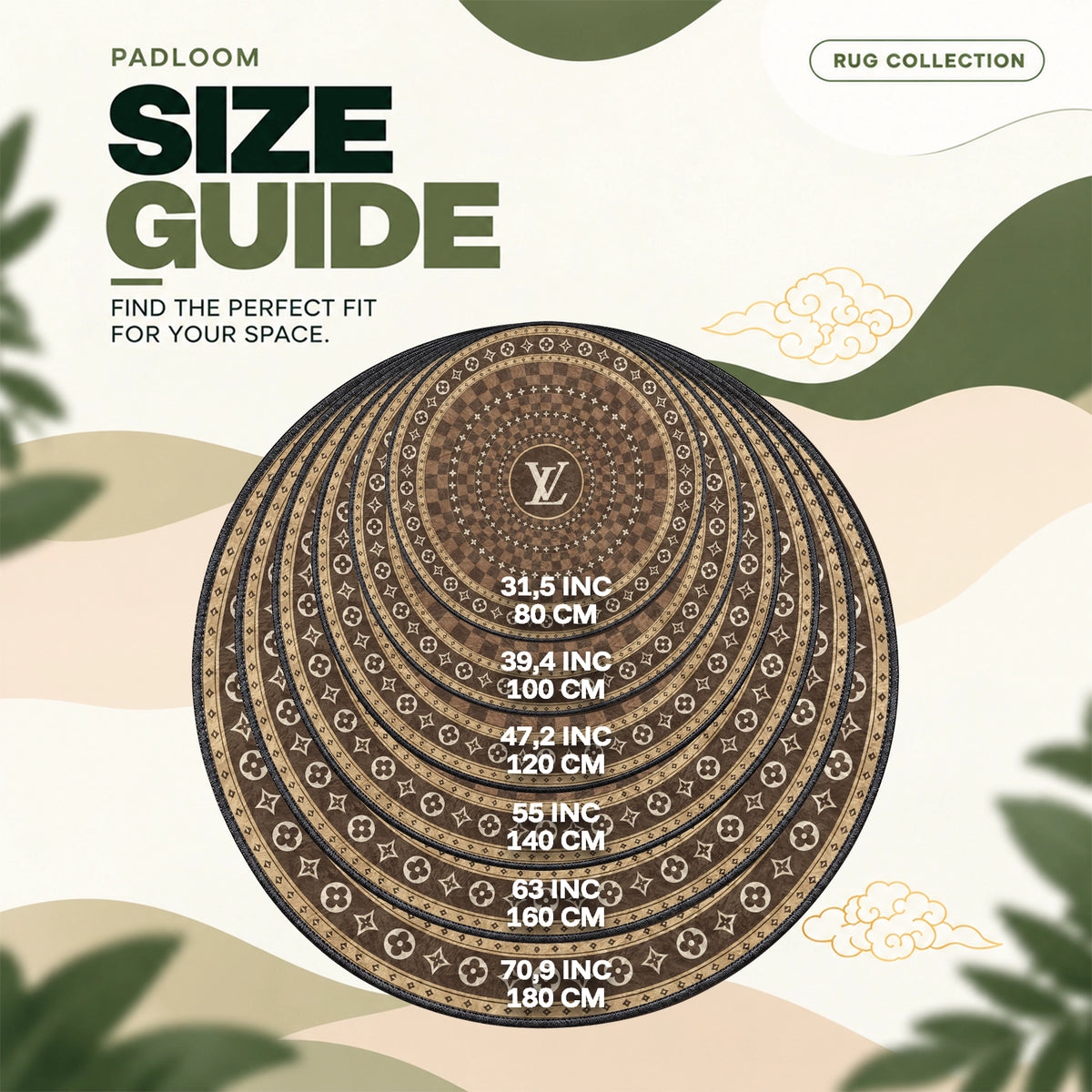 Louis Vuitton Checkered round rug size guide, 80 to 180 cm (31.5 to 70.9 in)