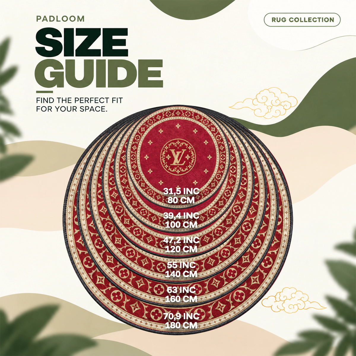 Louis Vuitton Crimson round rug size guide, 80 to 180 cm (31.5 to 70.9 in)