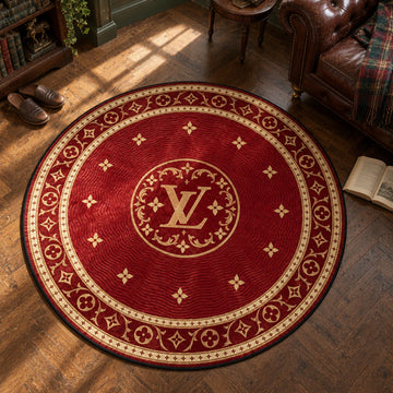 Louis Vuitton Crimson hypebeast round rug on a bedroom floor - hypebeast chair mat
