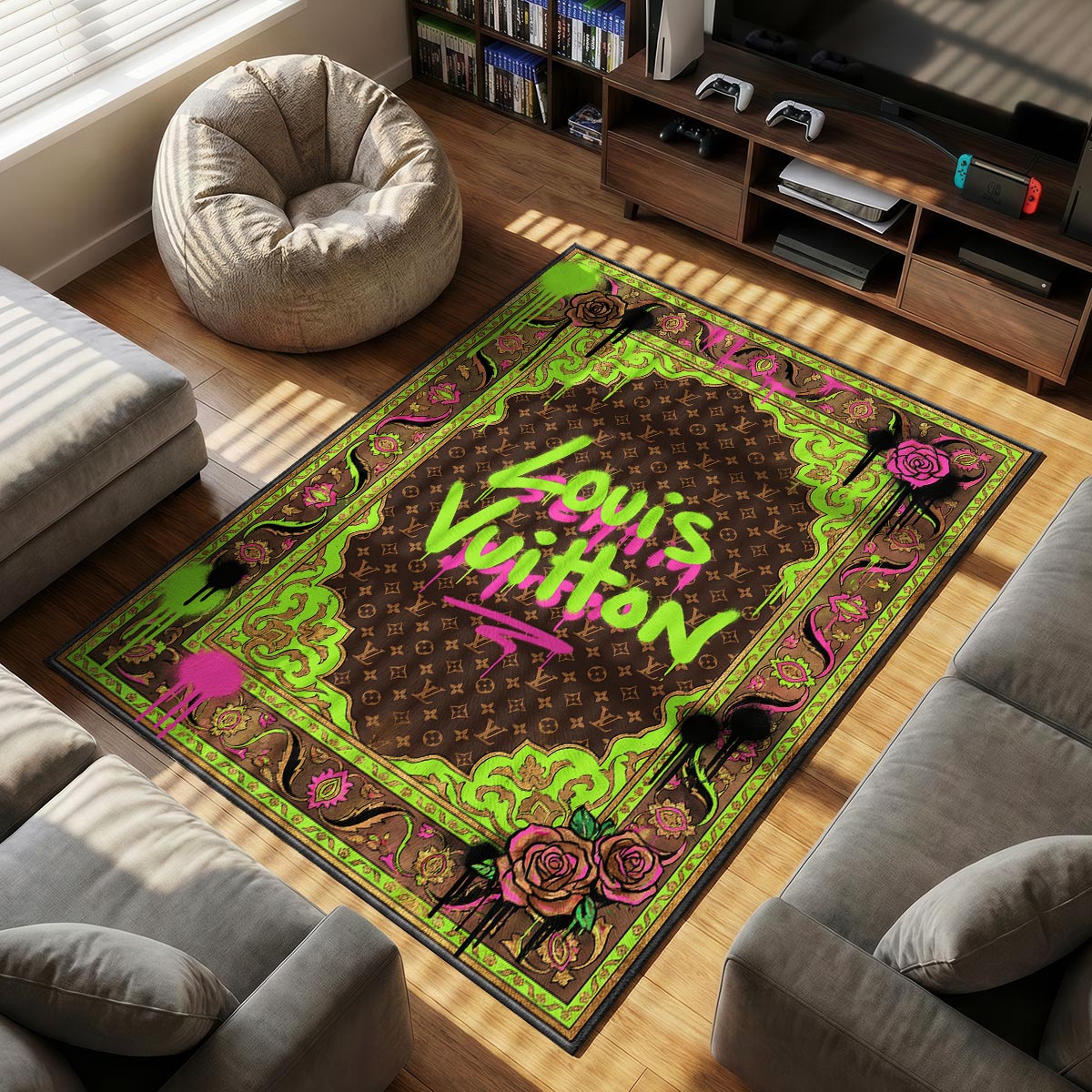 Louis Vuitton themed area rug for home decor fans