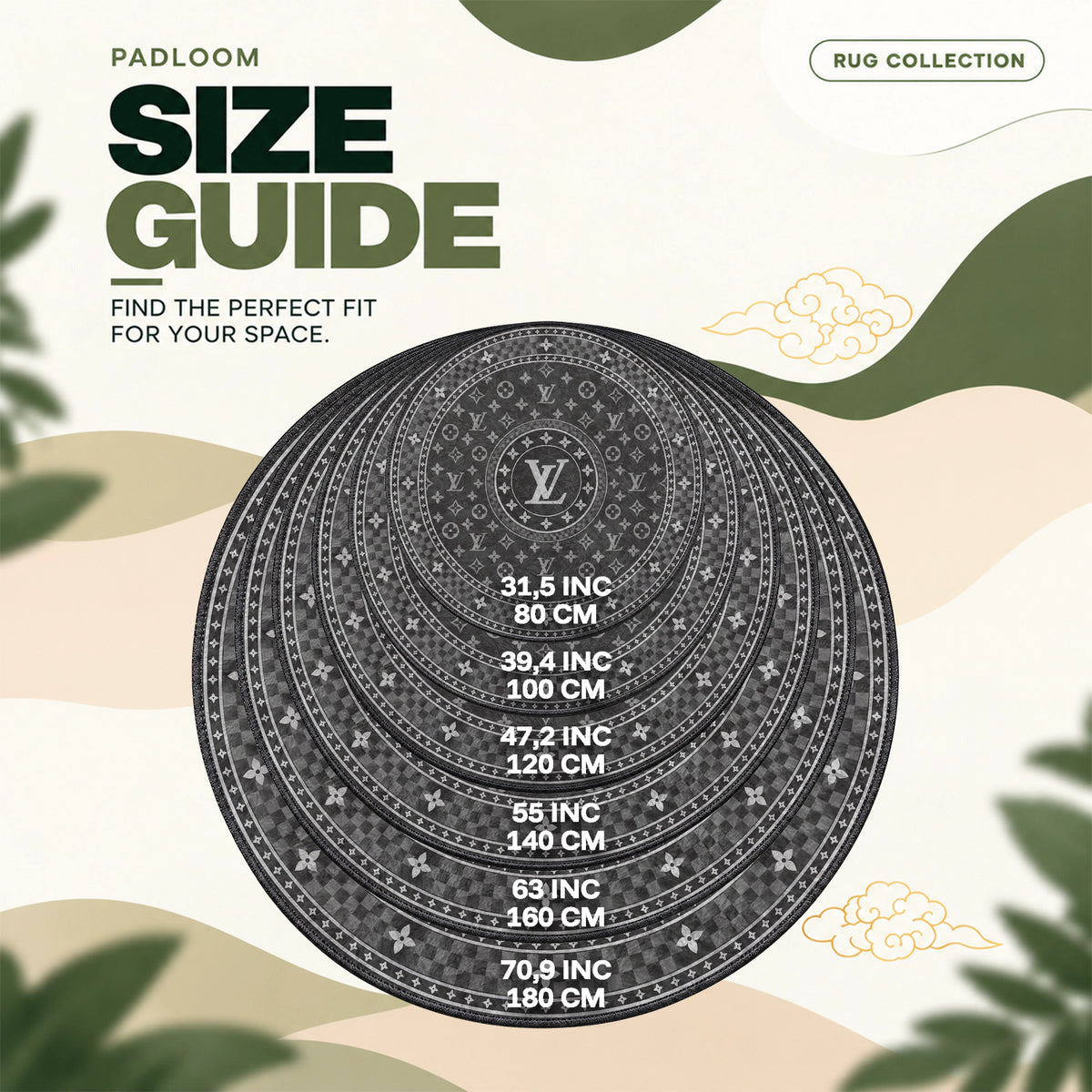Louis Vuitton Monochrome round rug size guide, 80 to 180 cm (31.5 to 70.9 in)