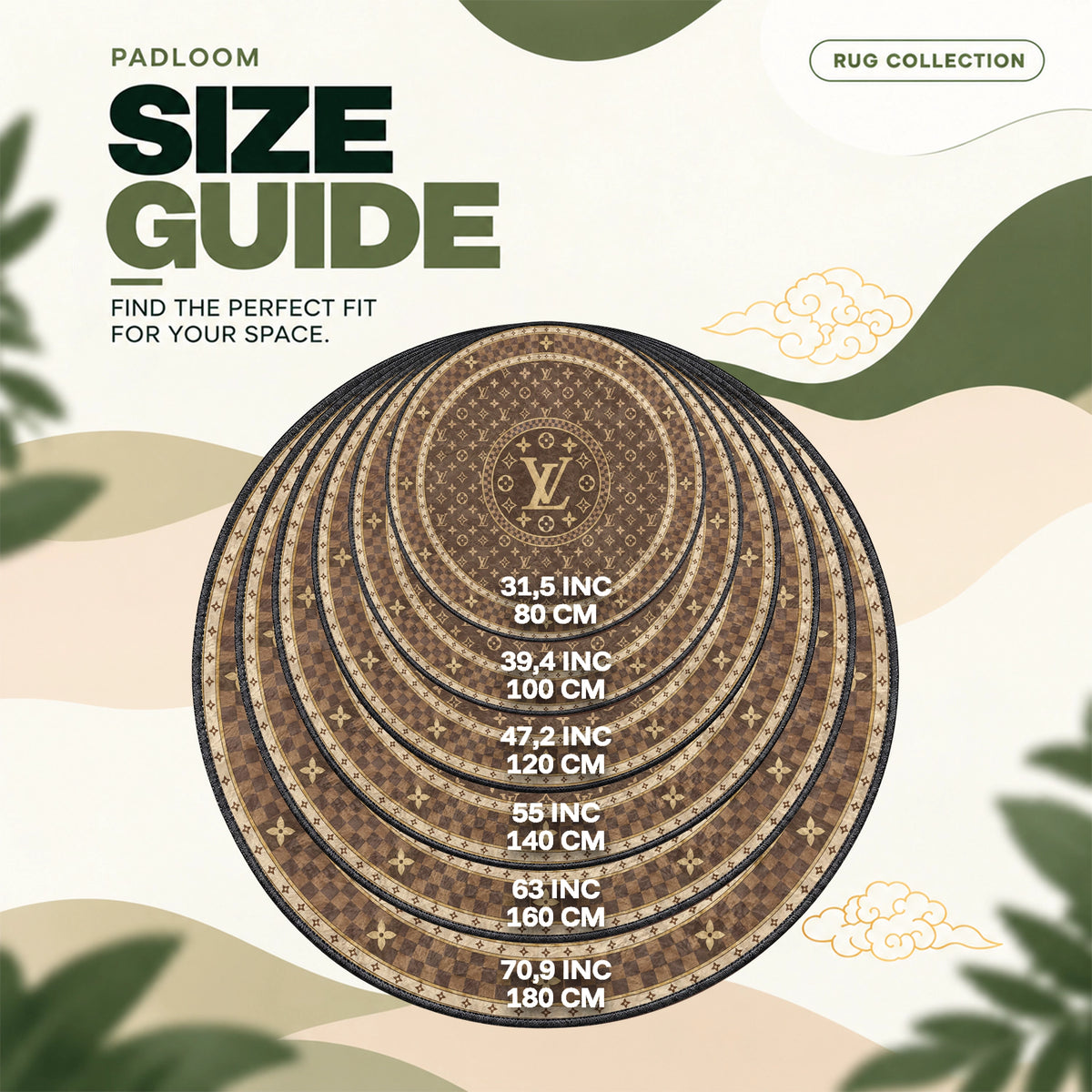 Louis Vuitton Monogram round rug size guide, 80 to 180 cm (31.5 to 70.9 in)