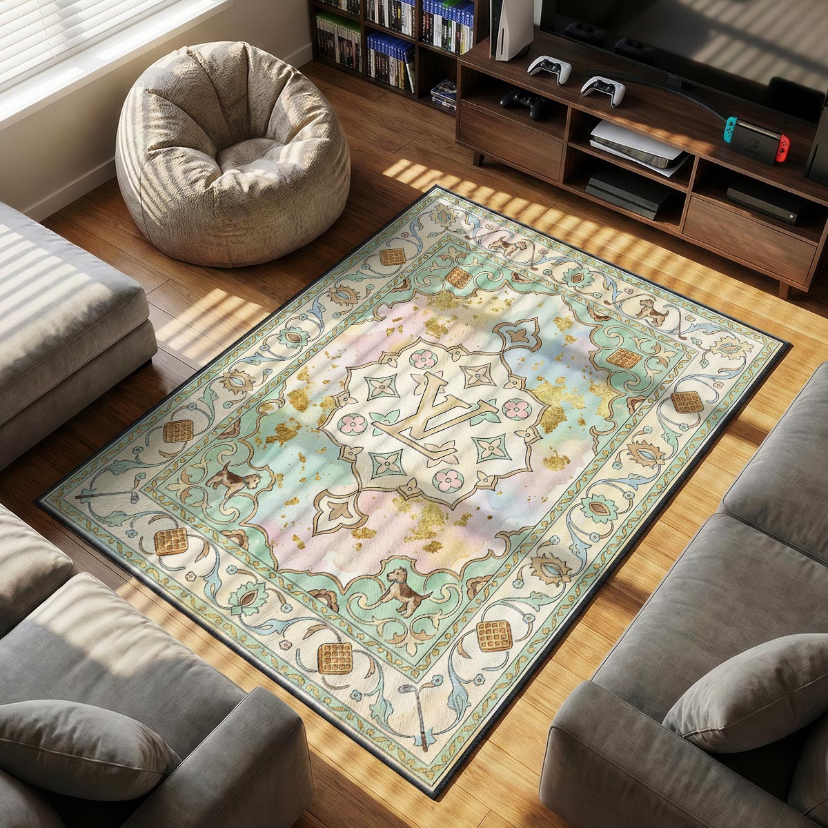 Louis Vuitton themed area rug for home decor fans