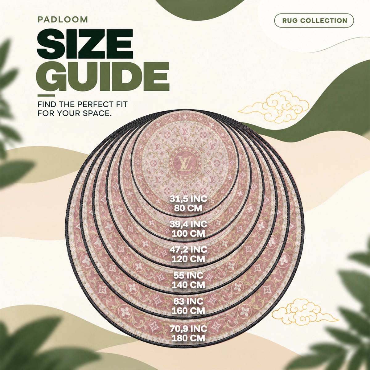 Louis Vuitton Rosebud round rug size guide, 80 to 180 cm (31.5 to 70.9 in)