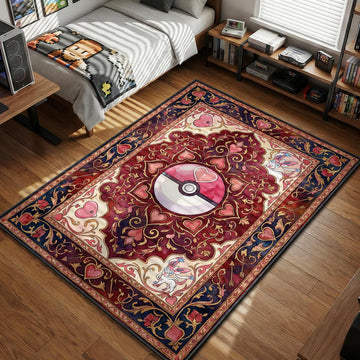 Love Ball design with Sylveon and Luvdisc in intricate pink and cream Persian floral pattern area rug and floor mat