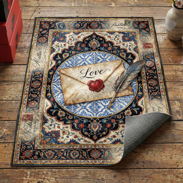 Valentine's love letter area rug with wax-sealed envelope quill pen and vintage postage stamps