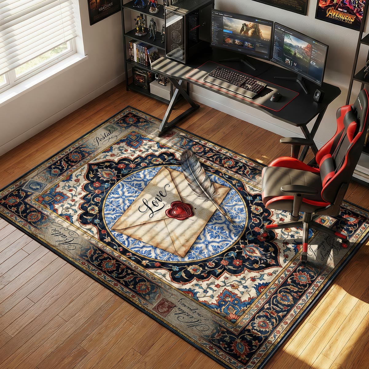 Love letter rug placed in a cozy study beside a writing desk with fountain pen and books