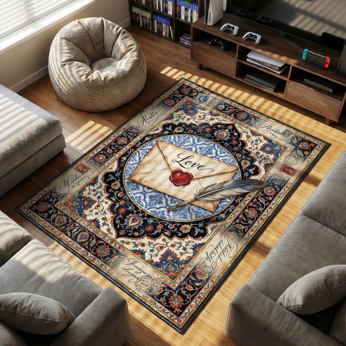 Close-up of love letter rug showing red wax heart seal and cursive text on velvet surface