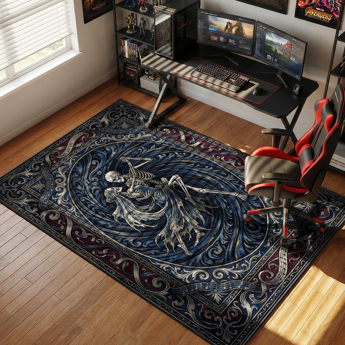 Skeleton lovers tango rug placed in a dim Victorian bedroom with dark wood furniture