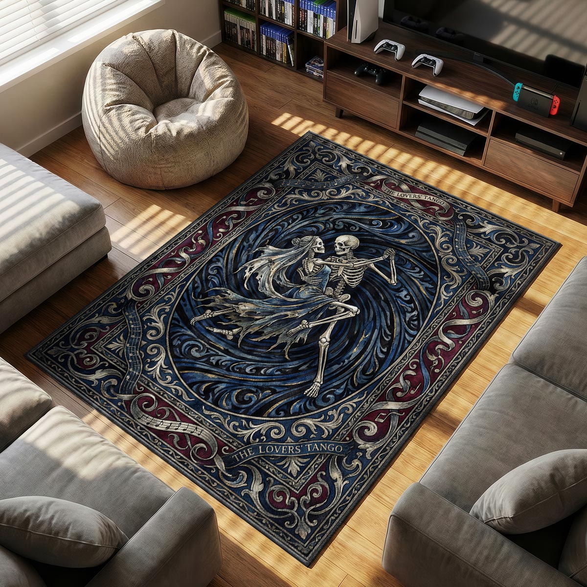 Close-up of skeleton tango rug showing velvet fiber texture and deep blue dye-sublimation detail