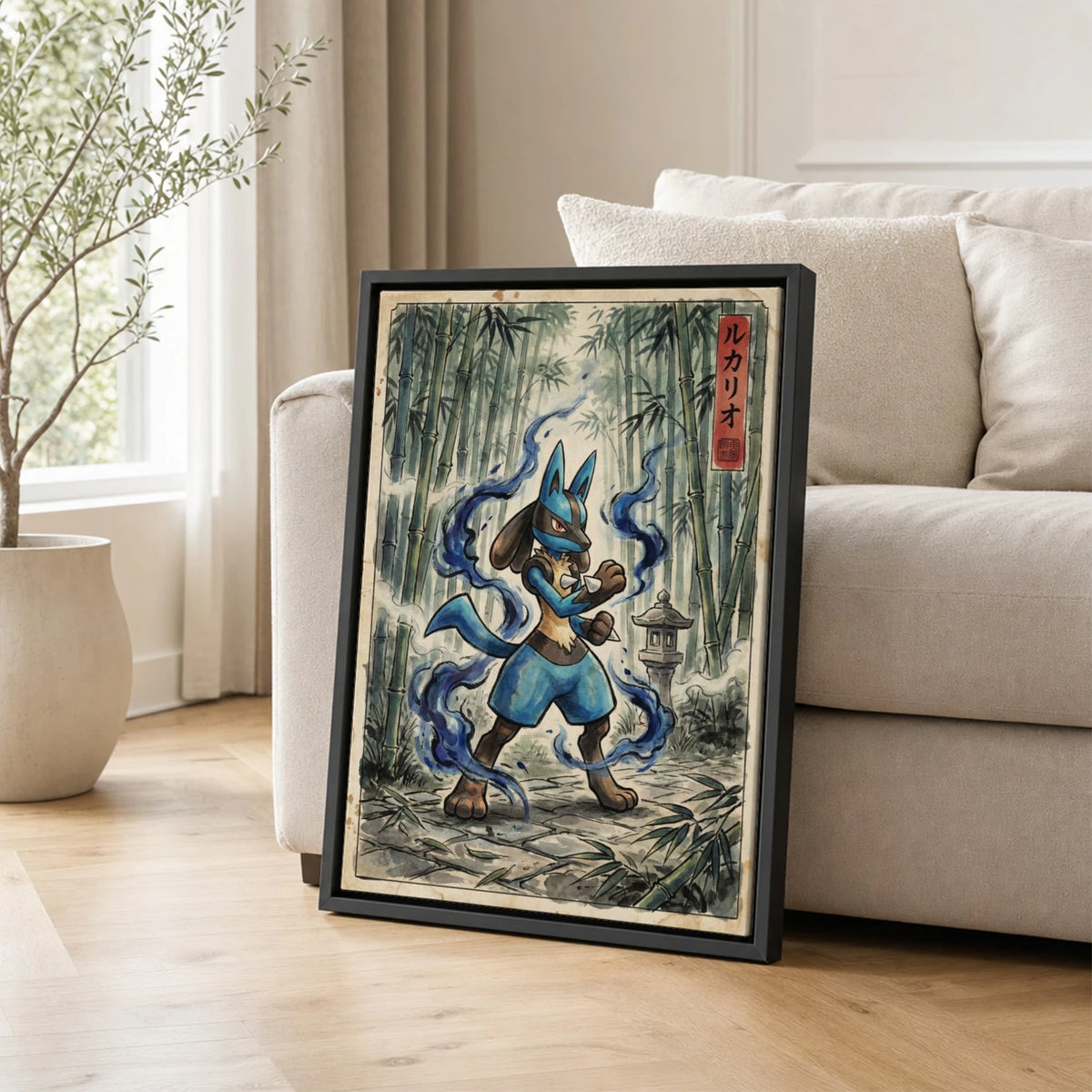 Lucario Aura Pokemon poster leaning beside a sofa - living room wall art