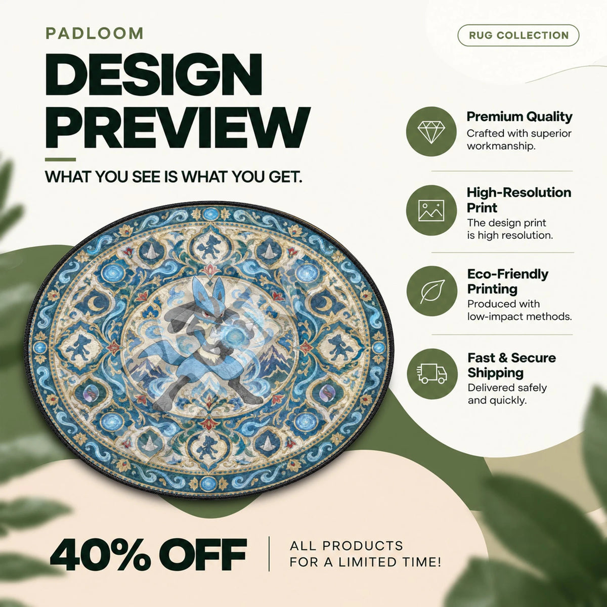 Lucario Aura Pokemon round rug full design preview
