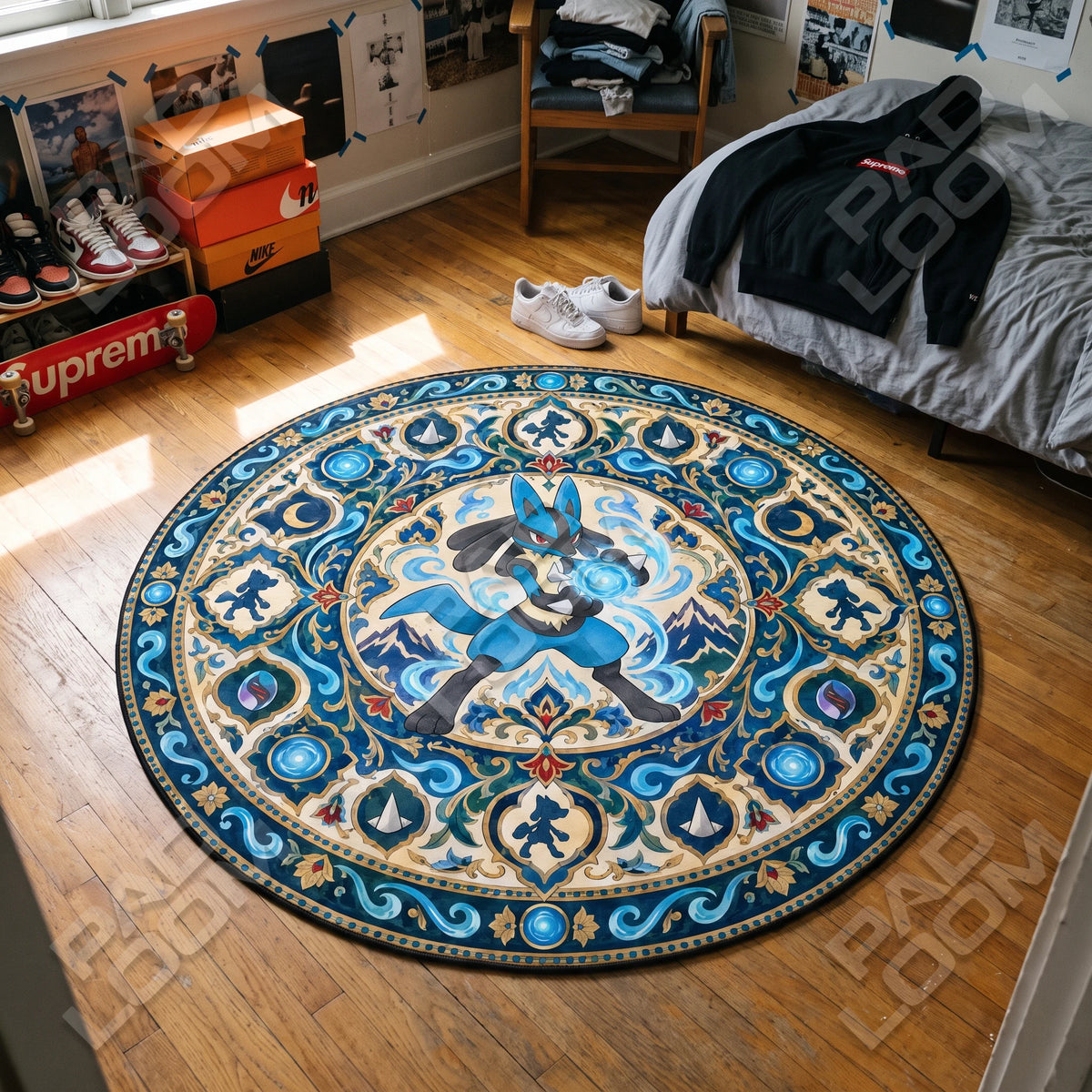 Lucario Aura round rug shown in a styled room - Pokemon area rug